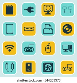 Set Of 16 Computer Hardware Icons. Includes File Scanner, Memory Card, Laptop And Other Symbols. Beautiful Design Elements.