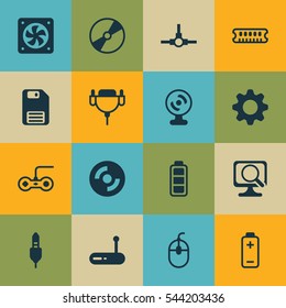 Set Of 16 Computer Hardware Icons. Includes Network Structure, Laptop, Diskette And Other Symbols. Beautiful Design Elements.