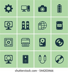 Set Of 16 Computer Hardware Icons. Includes Internet Network, PC, Portable Memory And Other Symbols. Beautiful Design Elements.