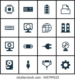 Set Of 16 Computer Hardware Icons. Includes Settings, Dynamic Memory, Loudspeakers And Other Symbols. Beautiful Design Elements.