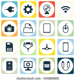 Set Of 16 Computer Hardware Icons. Includes Vga Cord, Network Structure, Audio Device And Other Symbols. Beautiful Design Elements.