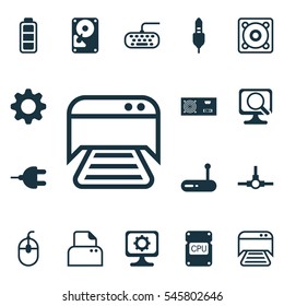 Set Of 16 Computer Hardware Icons. Includes Connector, Computer Keypad, Cpu And Other Symbols. Beautiful Design Elements.