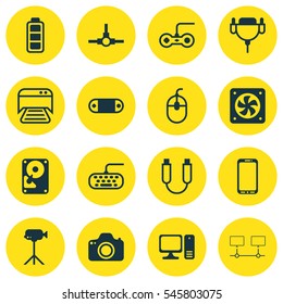 Set Of 16 Computer Hardware Icons. Includes Joystick, Camcorder, Computer Keypad And Other Symbols. Beautiful Design Elements.