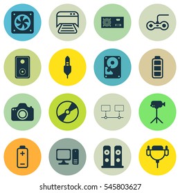 Set Of 16 Computer Hardware Icons. Includes Loudspeakers, Connected Devices, Joystick And Other Symbols. Beautiful Design Elements.