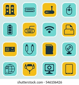 Set Of 16 Computer Hardware Icons. Includes Portable Memory, Vga Cord, Web Camera And Other Symbols. Beautiful Design Elements.