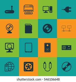 Set Of 16 Computer Hardware Icons. Includes Audio Device, Router, Web Camera And Other Symbols. Beautiful Design Elements.