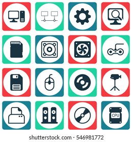 Set Of 16 Computer Hardware Icons. Includes Cpu, Blank Cd, Memory Card And Other Symbols. Beautiful Design Elements.