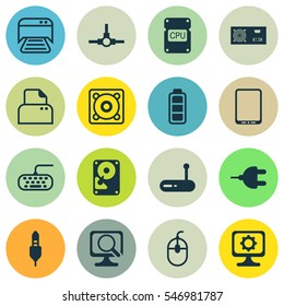 Set Of 16 Computer Hardware Icons. Includes Control Device, Aux Cord, File Scanner And Other Symbols. Beautiful Design Elements.