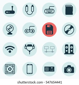 Set Of 16 Computer Hardware Icons. Includes Music, Cd-Rom, Router And Other Symbols. Beautiful Design Elements.