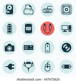 Set Of 16 Computer Hardware Icons. Includes Radio Set, Music, Control Device And Other Symbols. Beautiful Design Elements.