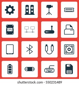 Set Of 16 Computer Hardware Icons. Includes Router, Music, Connected Devices And Other Symbols. Beautiful Design Elements.