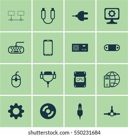 Set Of 16 Computer Hardware Icons. Includes Control Device, Computer Keypad, Vga Cord And Other Symbols. Beautiful Design Elements.