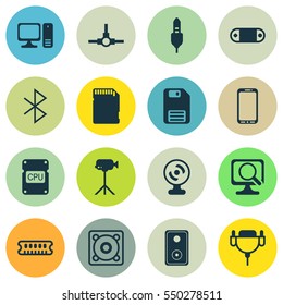 Set Of 16 Computer Hardware Icons. Includes Laptop, Vga Cord, Dynamic Memory And Other Symbols. Beautiful Design Elements.