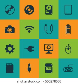 Set Of 16 Computer Hardware Icons. Includes Cpu, Cd-Rom, PC And Other Symbols. Beautiful Design Elements.