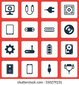 Set Of 16 Computer Hardware Icons. Includes Cellphone, PC, Radio Set And Other Symbols. Beautiful Design Elements.