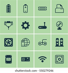 Set Of 16 Computer Hardware Icons. Includes File Scanner, Router, Wireless And Other Symbols. Beautiful Design Elements.