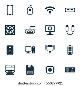 Set Of 16 Computer Hardware Icons. Includes Smartphone, Control Device, Diskette And Other Symbols. Beautiful Design Elements.