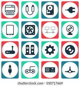 Set Of 16 Computer Hardware Icons. Includes Loudspeakers, Portable Memory, Web Camera And Other Symbols. Beautiful Design Elements.