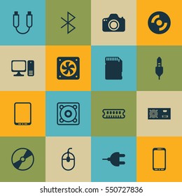 Set Of 16 Computer Hardware Icons. Includes Computer Ventilation, Portable Memory, Dynamic Memory And Other Symbols. Beautiful Design Elements.