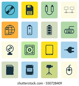 Set Of 16 Computer Hardware Icons. Includes Portable Memory, Connected Devices, Camcorder And Other Symbols. Beautiful Design Elements.