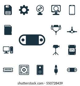 Set Of 16 Computer Hardware Icons. Includes Desktop Computer, Web Camera, Music And Other Symbols. Beautiful Design Elements.