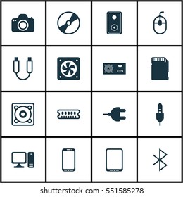 Set Of 16 Computer Hardware Icons. Includes Dynamic Memory, Memory Card, Computer Ventilation And Other Symbols. Beautiful Design Elements.
