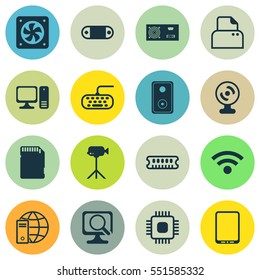 Set Of 16 Computer Hardware Icons. Includes Cellphone, Computer Ventilation, Dynamic Memory And Other Symbols. Beautiful Design Elements.