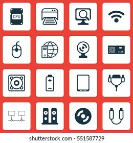 Set Of 16 Computer Hardware Icons. Includes Control Device, Cellphone, Connected Devices And Other Symbols. Beautiful Design Elements.