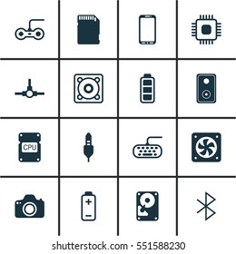 Set Of 16 Computer Hardware Icons. Includes Network Structure, Chip, Music And Other Symbols. Beautiful Design Elements.