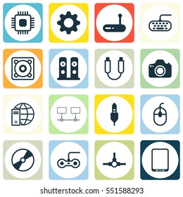 Set Of 16 Computer Hardware Icons. Includes Computer Keypad, Settings, Internet Network And Other Symbols. Beautiful Design Elements.