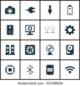 Set Of 16 Computer Hardware Icons. Includes Connected Devices, PC, Cpu And Other Symbols. Beautiful Design Elements.