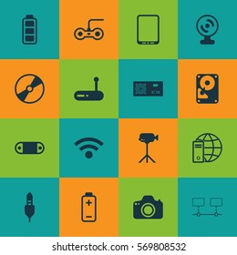Set Of 16 Computer Hardware Icons. Includes Connected Devices, Cellphone, Router And Other Symbols. Beautiful Design Elements.