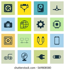 Set Of 16 Computer Hardware Icons. Includes Radio Set, Settings, Web Camera And Other Symbols. Beautiful Design Elements.