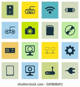 Set Of 16 Computer Hardware Icons. Includes Router, Connector, Audio Device And Other Symbols. Beautiful Design Elements.