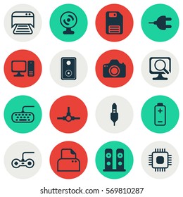 Set Of 16 Computer Hardware Icons. Includes Connector, Diskette, Battery And Other Symbols. Beautiful Design Elements.