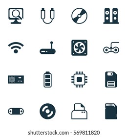 Set Of 16 Computer Hardware Icons. Includes Power Generator, Computer Ventilation, Joystick And Other Symbols. Beautiful Design Elements.