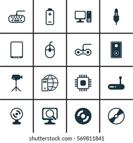 Set Of 16 Computer Hardware Icons. Includes Battery, Aux Cord, Blank Cd And Other Symbols. Beautiful Design Elements.