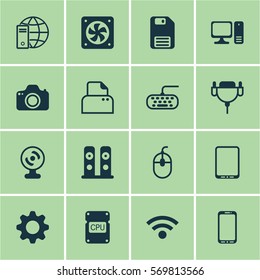 Set Of 16 Computer Hardware Icons. Includes Internet Network, Loudspeakers, Settings And Other Symbols. Beautiful Design Elements.