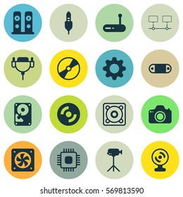 Set Of 16 Computer Hardware Icons. Includes Blank Cd, Vga Cord, Router And Other Symbols. Beautiful Design Elements.