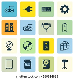 Set Of 16 Computer Hardware Icons. Includes Loudspeakers, Audio Device, Joystick And Other Symbols. Beautiful Design Elements.