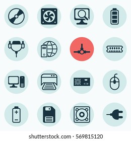 Set Of 16 Computer Hardware Icons. Includes Diskette, Dynamic Memory, Vga Cord And Other Symbols. Beautiful Design Elements.
