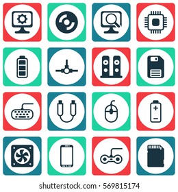 Set Of 16 Computer Hardware Icons. Includes Memory Card, Chip, Computer Ventilation And Other Symbols. Beautiful Design Elements.
