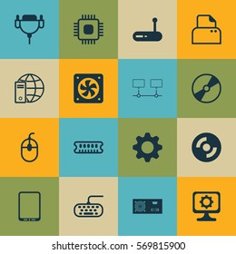 Set Of 16 Computer Hardware Icons. Includes Cellphone, Vga Cord, Chip And Other Symbols. Beautiful Design Elements.