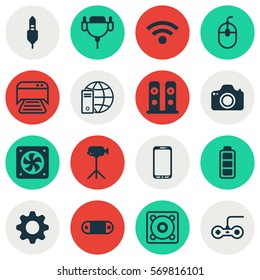 Set Of 16 Computer Hardware Icons. Includes Aux Cord, Smartphone, Printed Document And Other Symbols. Beautiful Design Elements.