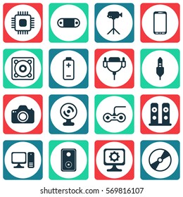 Set Of 16 Computer Hardware Icons. Includes PC, Desktop Computer, Camcorder And Other Symbols. Beautiful Design Elements.