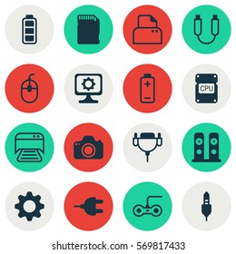 Set Of 16 Computer Hardware Icons. Includes Camera, Connector, Joystick And Other Symbols. Beautiful Design Elements.