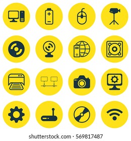 Set Of 16 Computer Hardware Icons. Includes Music, Battery, Camera And Other Symbols. Beautiful Design Elements.