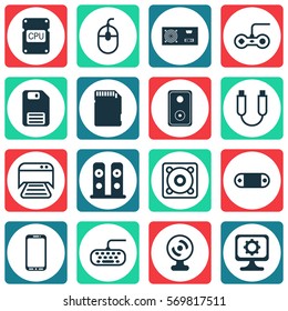 Set Of 16 Computer Hardware Icons. Includes Diskette, Loudspeakers, Music And Other Symbols. Beautiful Design Elements.