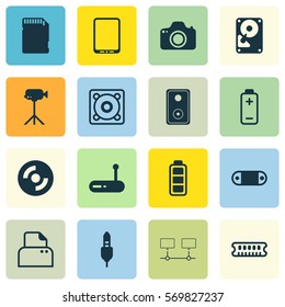 Set Of 16 Computer Hardware Icons. Includes Accumulator Sign, Dynamic Memory, Radio Set And Other Symbols. Beautiful Design Elements.