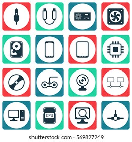 Set Of 16 Computer Hardware Icons. Includes Joystick, Web Camera, Portable Memory And Other Symbols. Beautiful Design Elements.